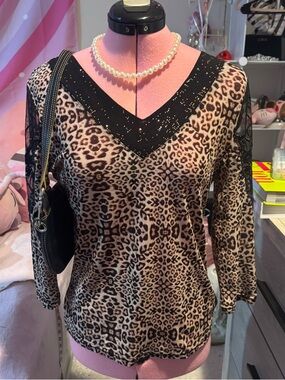Leopard Print V-Neck Long Sleeve Top with Embellished Yoke